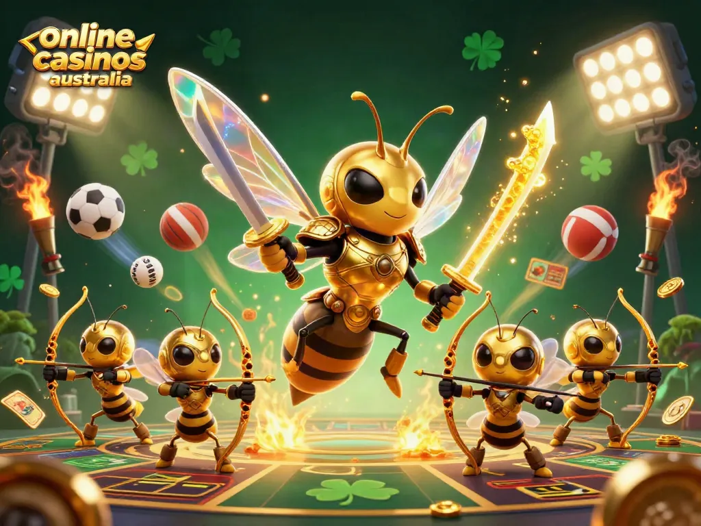 Engaging 3D scene showcasing a giant golden hornet warrior and bee archers amidst dynamic sports elements for online casinos australia.