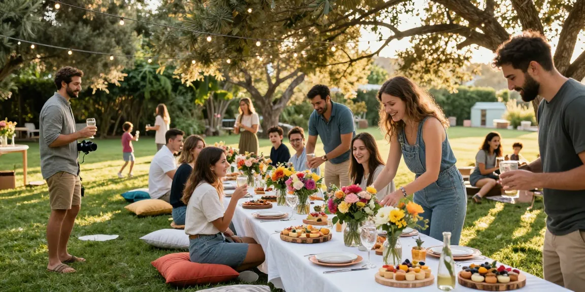 Engaging outdoor scene showcasing tips for entertaining blogs, with hosts setting a festive table.