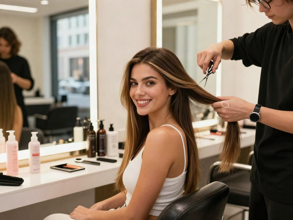 Woman showcasing invisible tape in hair extensions in a vibrant beauty salon setting, emphasizing natural beauty and elegance.
