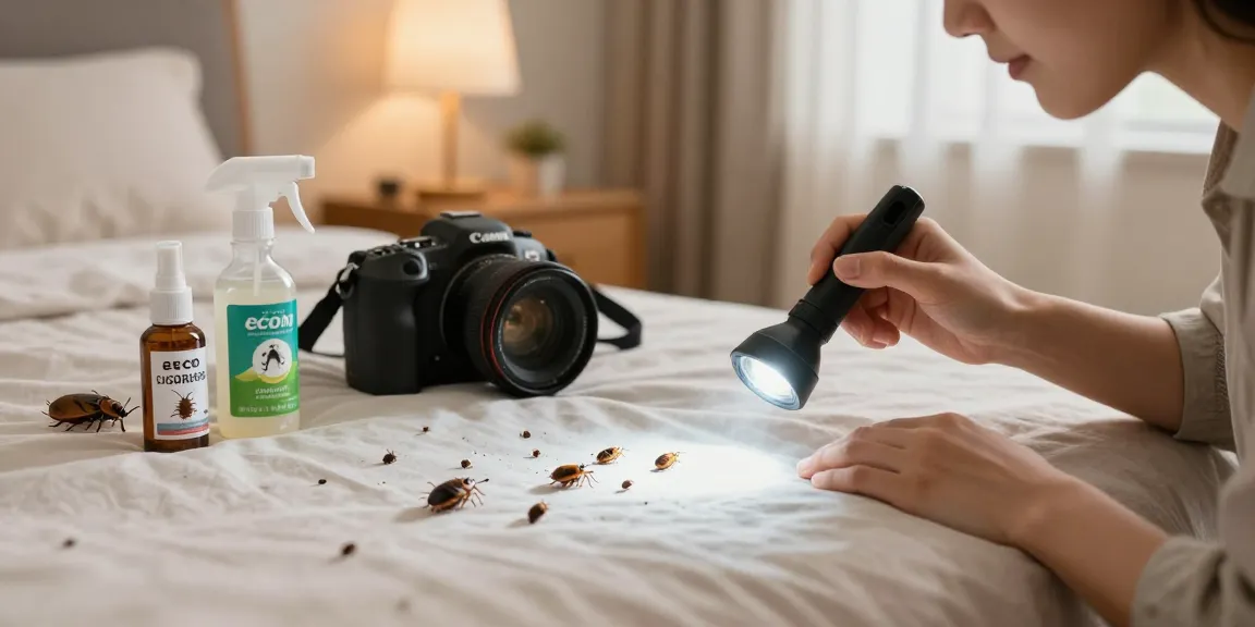 Bed bug treatment inspection in a cozy bedroom with eco-friendly products and treatment equipment.