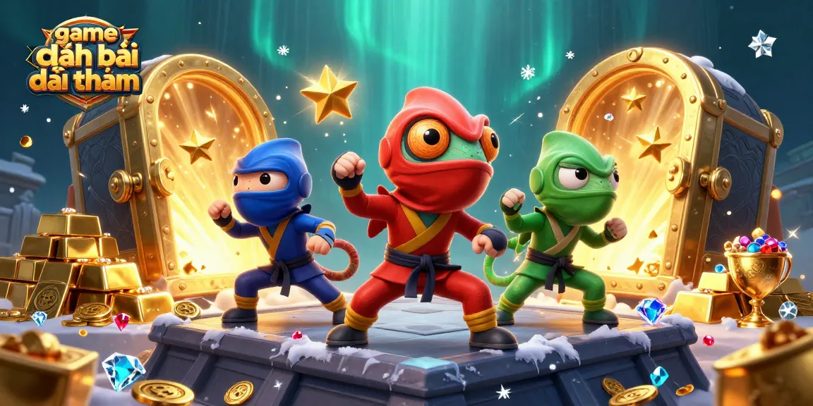 Engage in game đánh bài đổi thưởng with vibrant ninja chameleons amid gold treasures and gems.