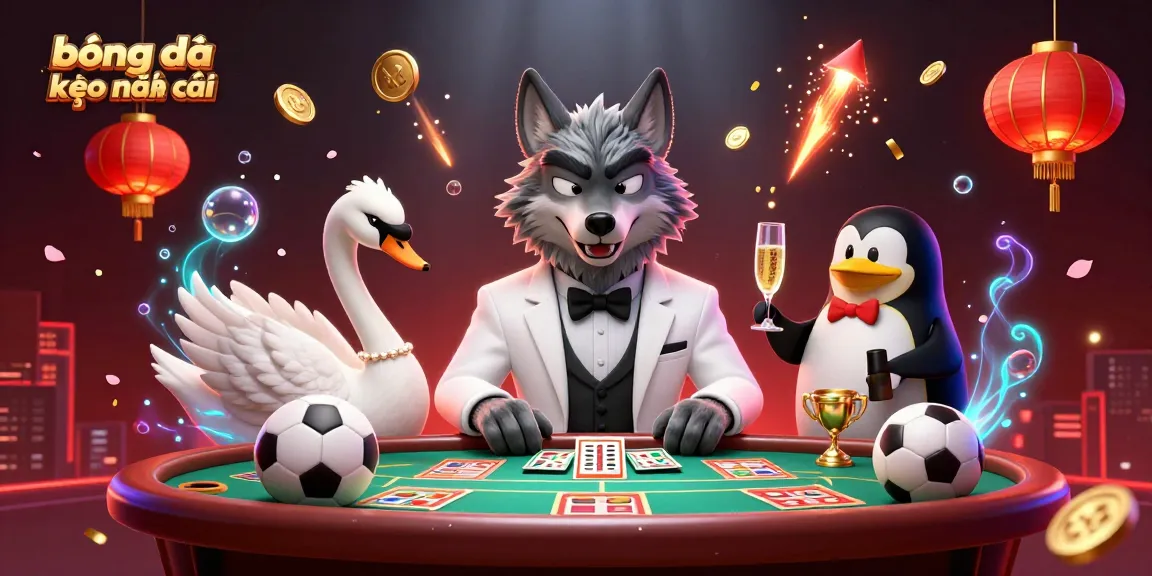 Bóng đá kèo nhà cái scene showcasing dynamic sports betting with wolf, swan, and penguin characters.