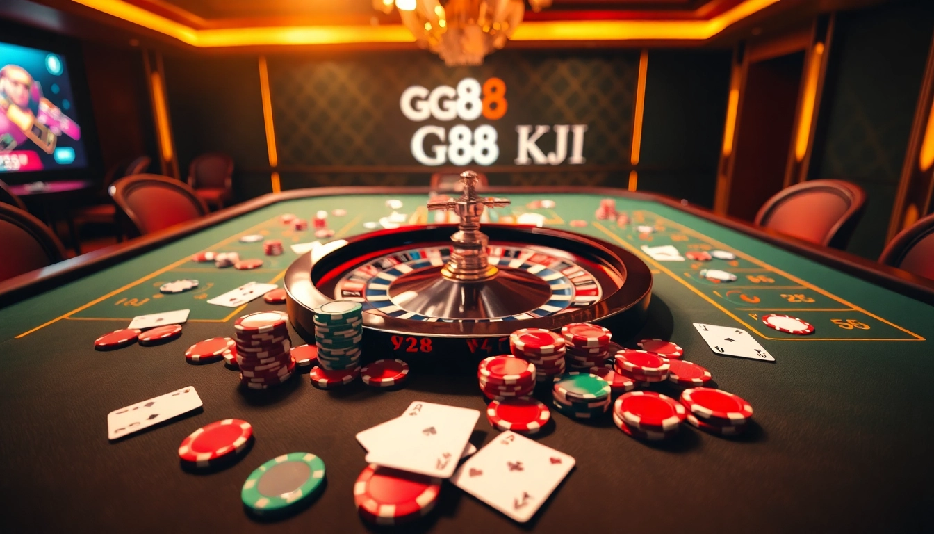 Engaging gambling scene showcasing GG88 KJC with vibrant poker chips and roulette wheel.