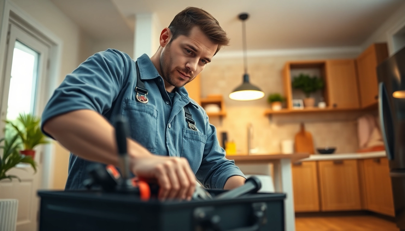 Find a skilled plumber near me inspecting plumbing systems in a bright kitchen setting.