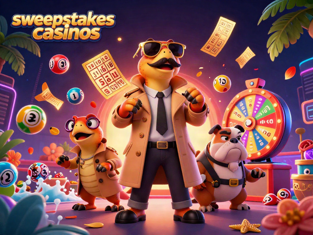 Engage in sweepstakes casinos with a lively 3D scene of raptors disguised as a player.