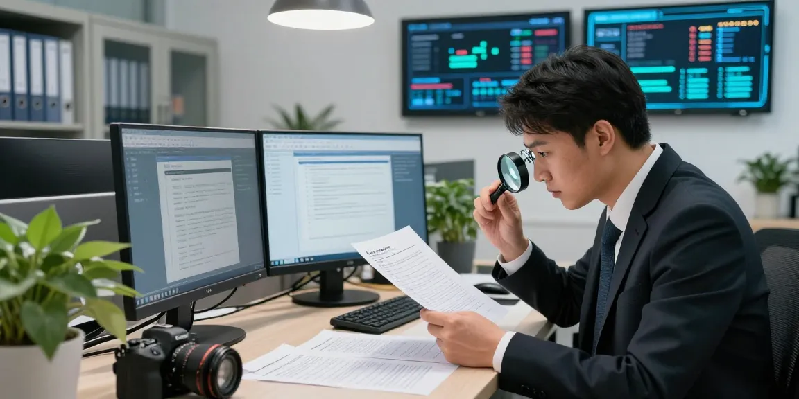 Investigator analyzing document fraud detection with advanced software tools in a modern office.