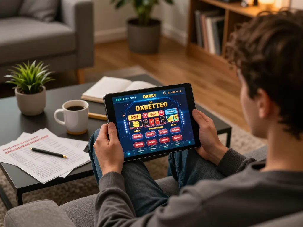 Gamer placing bets on Oxbet app from their cozy home setup, showcasing strategic gameplay.