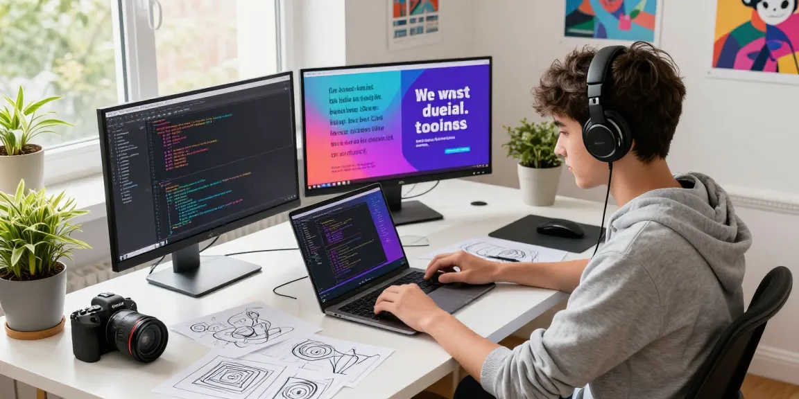 Young student coding at a vibrant creative workspace, representing dejny.eu's digital skills and projects.