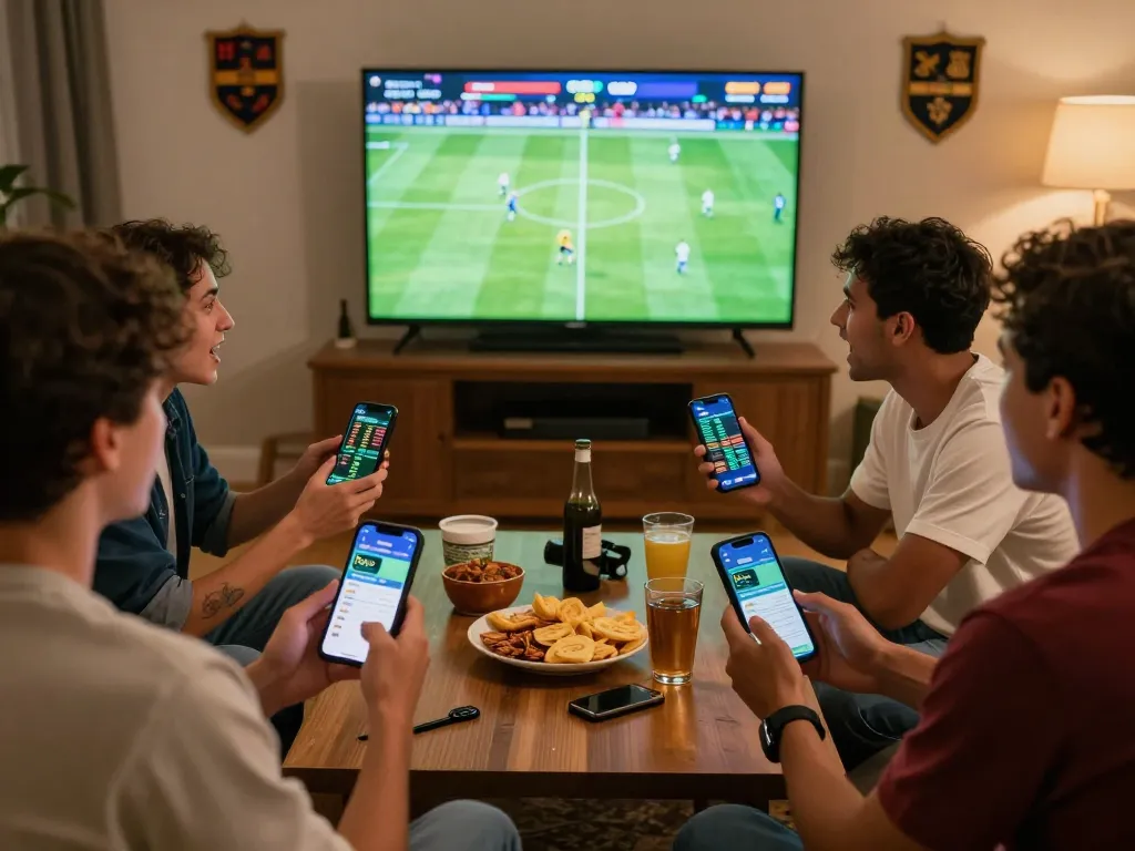 Friends engaged in dynamic gaming and betting on 1gom during a live football match, showcasing excitement and camaraderie.