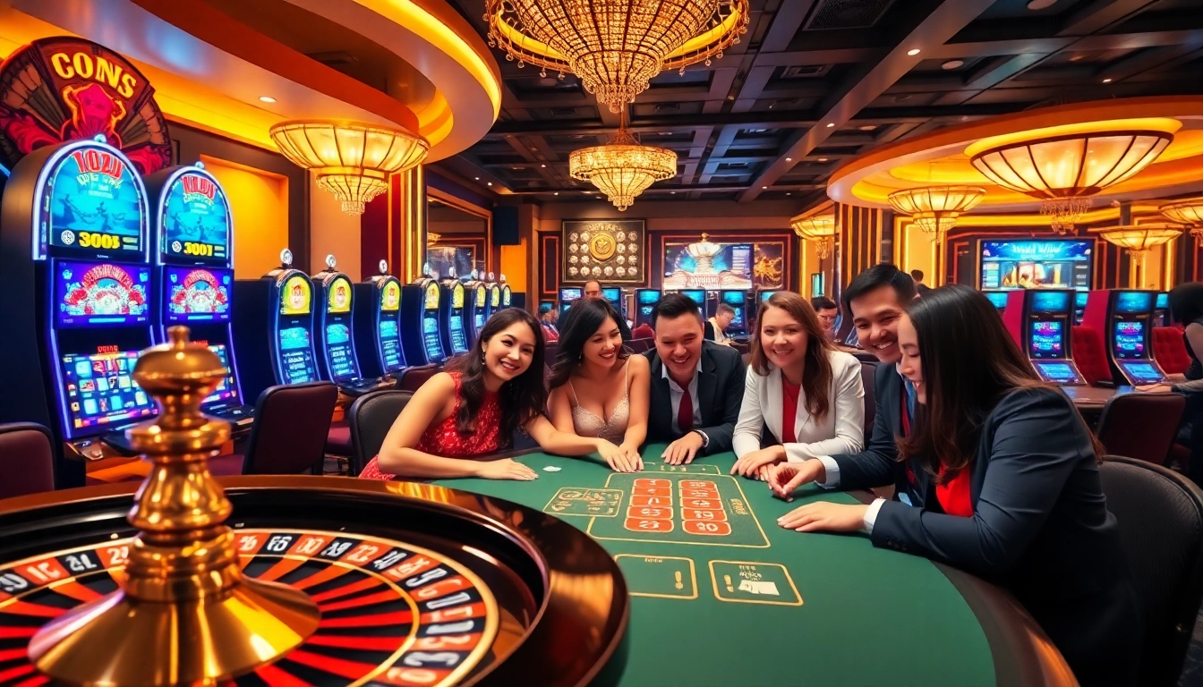 Engaged players at a luxury casino table celebrating wins at https://rr88c.mobi/ with vibrant slot machines.