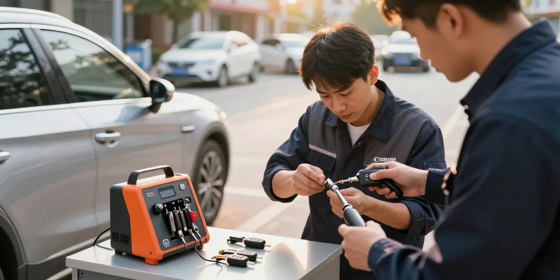 Expert locksmith making an Autosleutel bijmaken at a customer's car, showcasing modern tools and keys