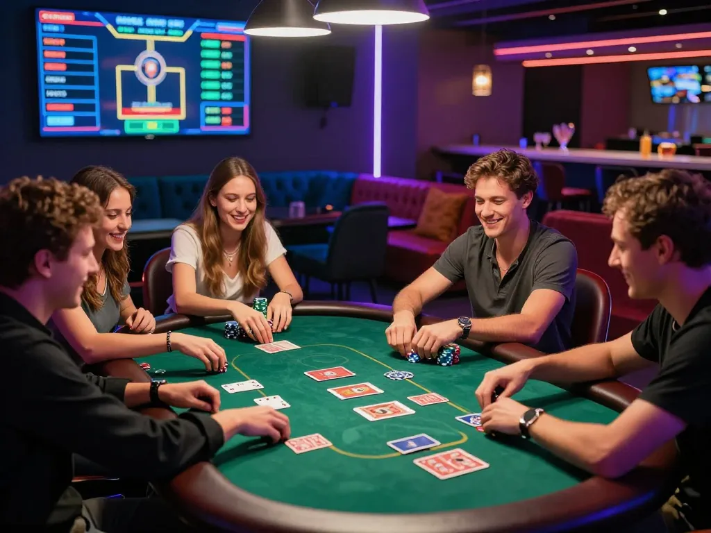Friends enjoying a lively poker game at 789 club with colorful lights and energetic atmosphere.