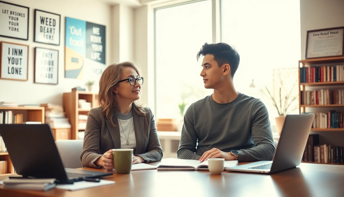 Career coaching session with a professional coach and client engaged in insightful discussion.