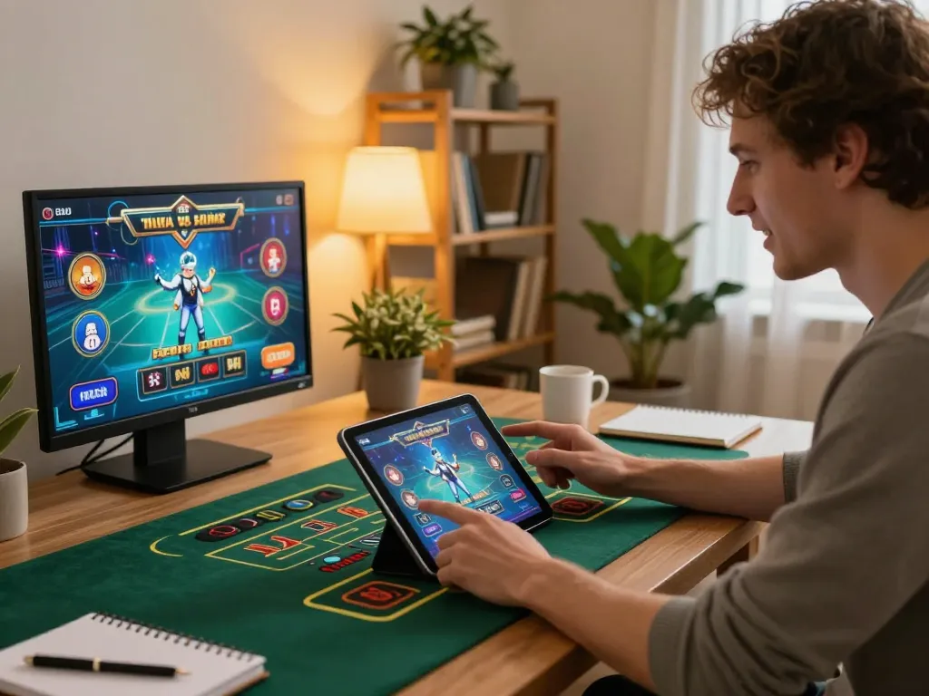 Player enjoying a live casino experience with 23Win on a tablet, emphasizing immersive online gaming