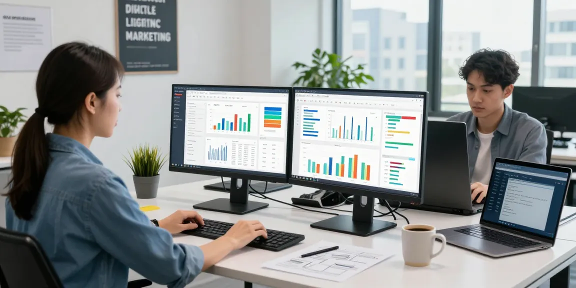 Digital marketing strategy workspace at https://wwww.monkeygoals.com, showcasing professional analyzing data with dual monitors and bright city views.