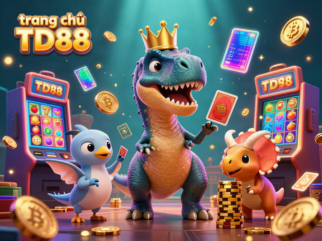 Engage with the vibrant world of trang chủ TD88 featuring a cartoon T-Rex, pterodactyl, and baby triceratops amidst slot machines, Bitcoin, and Ethereum elements.