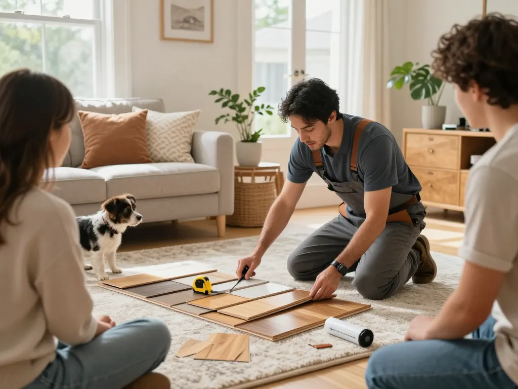 Flooring specialists near me installing carpet in a cozy living room, showcasing samples and tools.