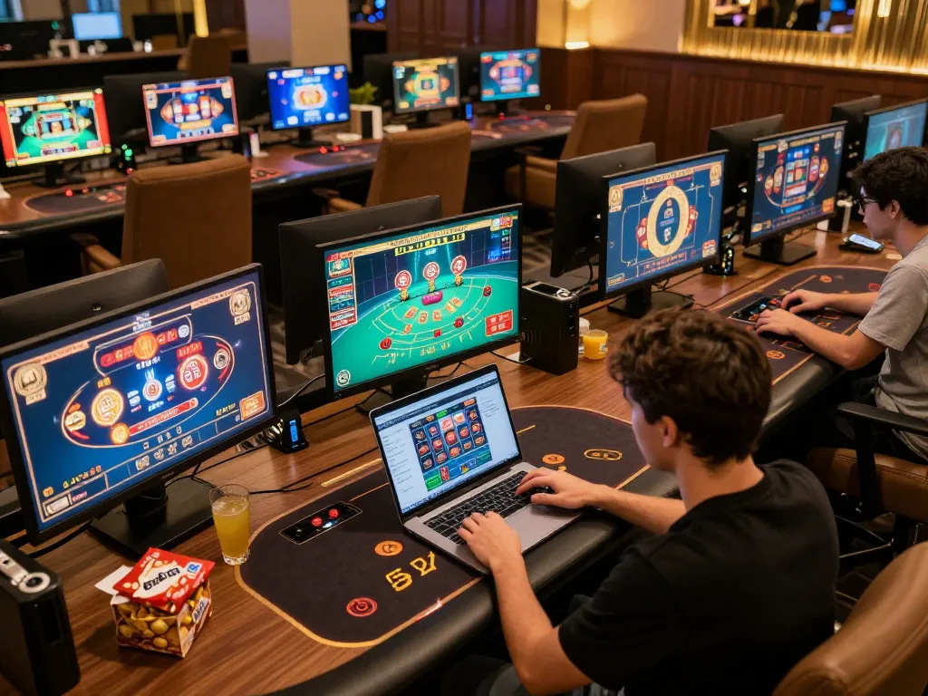 Player engaging in online casino gaming at XO88 with multiple screen displays, vibrant gameplay, and a cozy atmosphere.