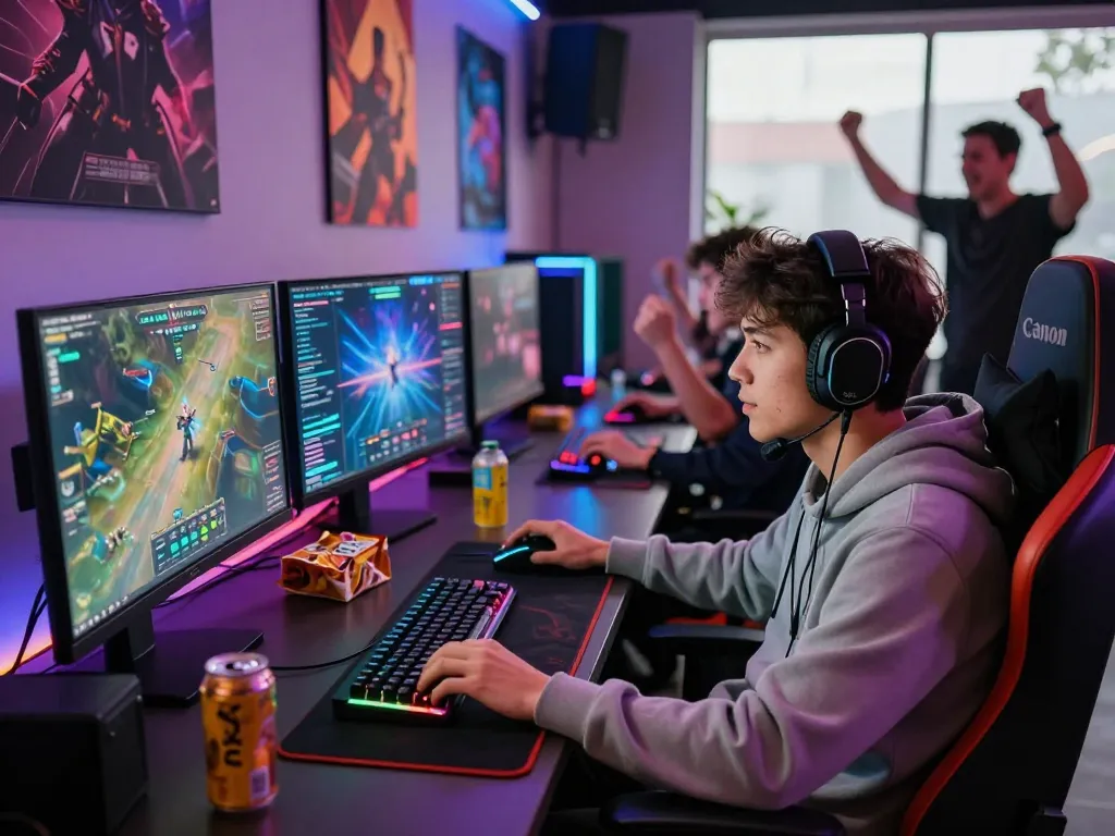 Bomwin gaming arena with a focused gamer and vibrant screens showcasing exciting gameplay.