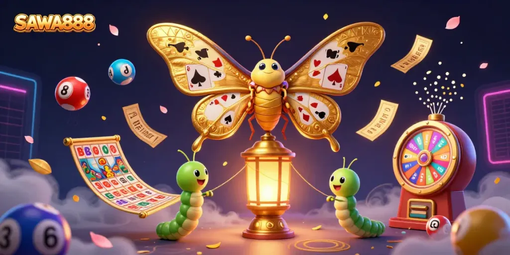 Experience SAWA888's vibrant casino atmosphere with an animated illustration of games and lottery excitement.