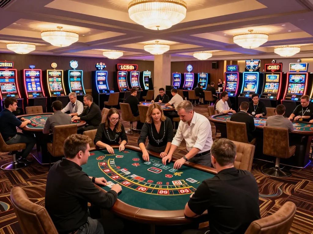 Casino lc88 players enjoy lively games at elegant tables in a vibrant atmosphere.