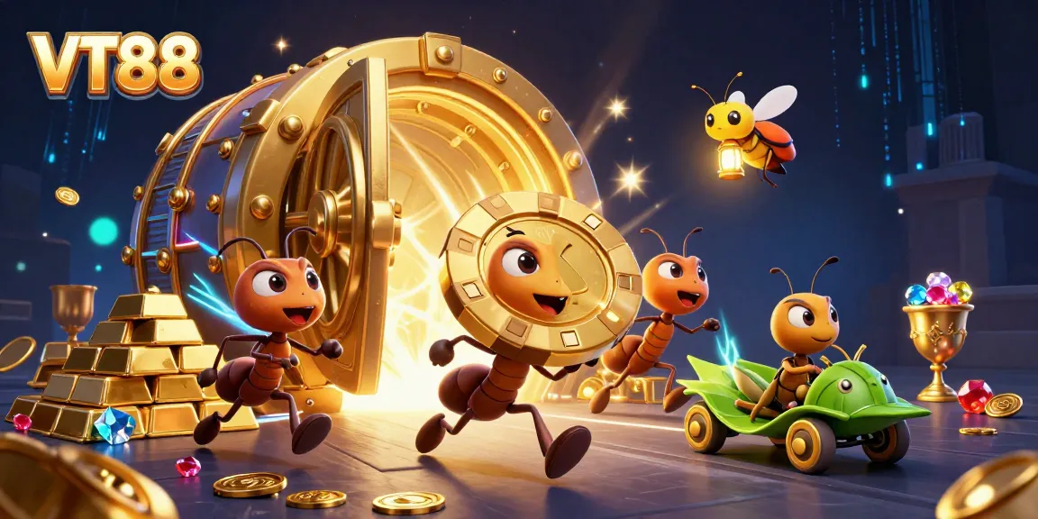 VT88 showcases an adventurous team of ants in a vibrant casino heist scene, capturing dynamic action.