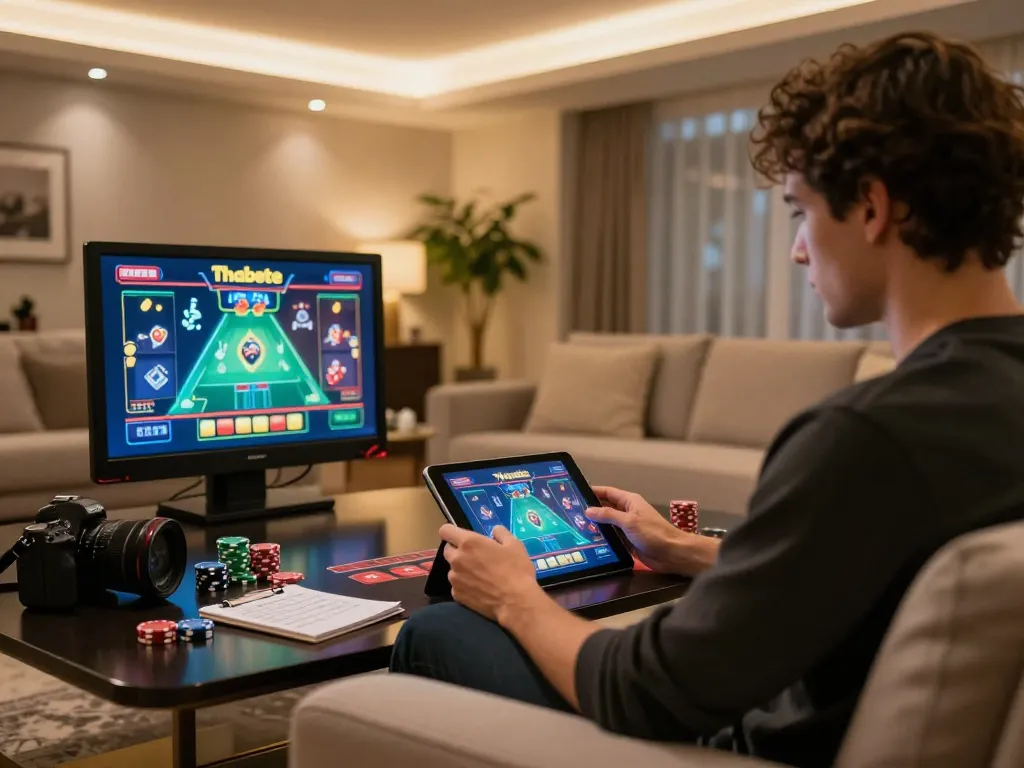 Player engaging in Thabete online gaming on a tablet in a cozy home setting, capturing the excitement of gambling.