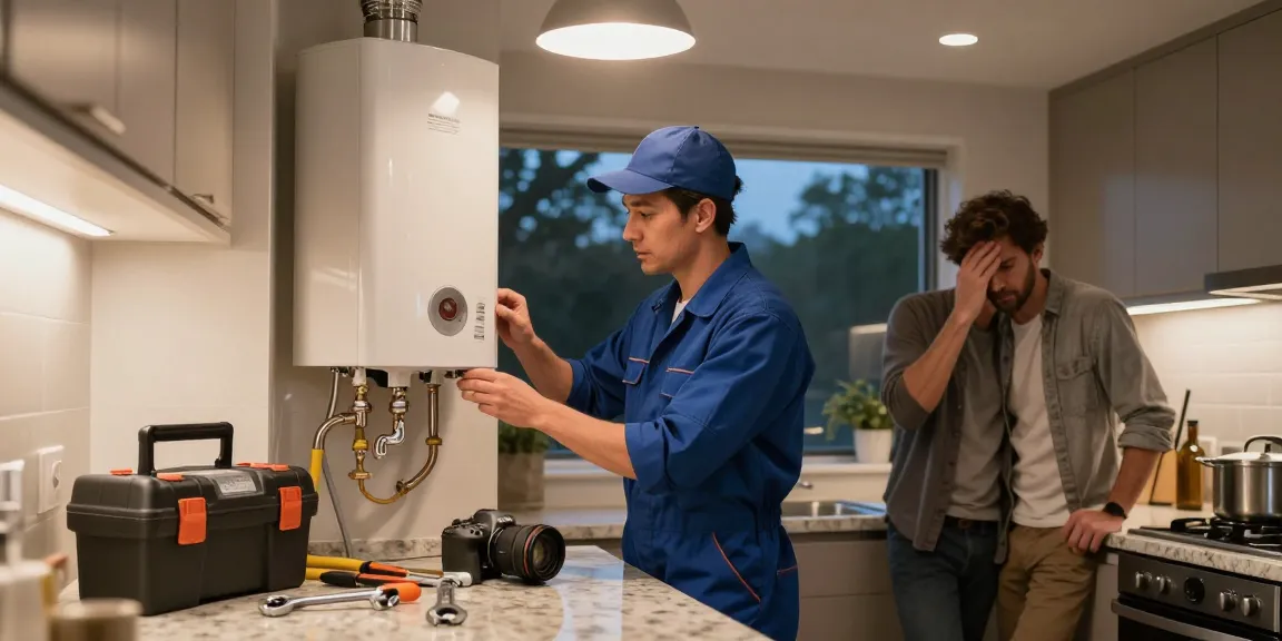 Technician performing 24hr emergency repairs on a water heater in a modern kitchen, assisting relieved homeowner.