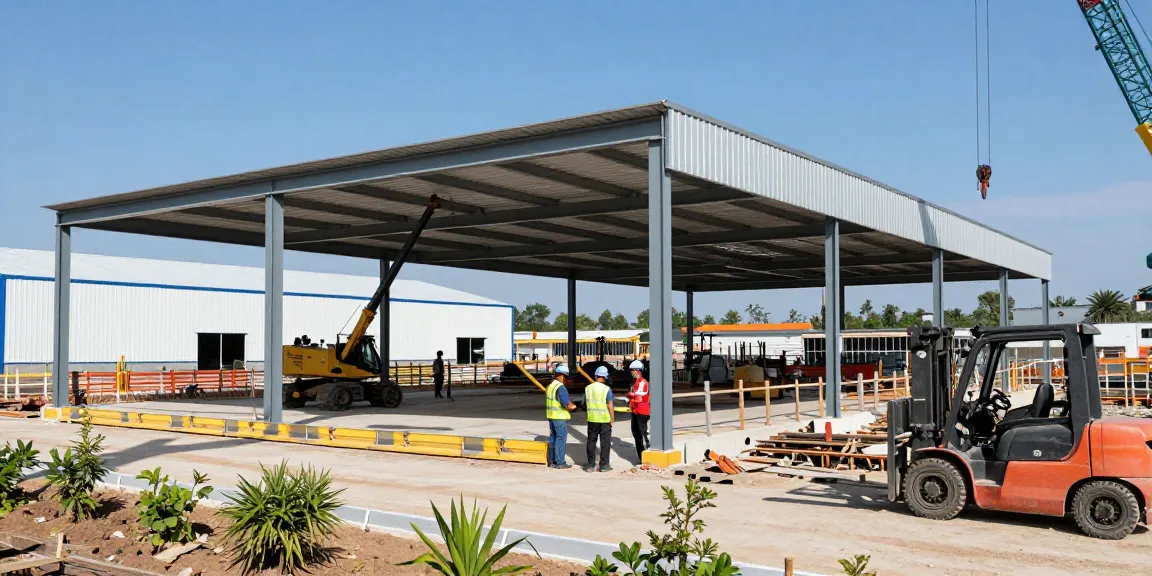 dpconsteel.in pre-engineered steel building construction site showcasing skilled workers and advanced equipment.