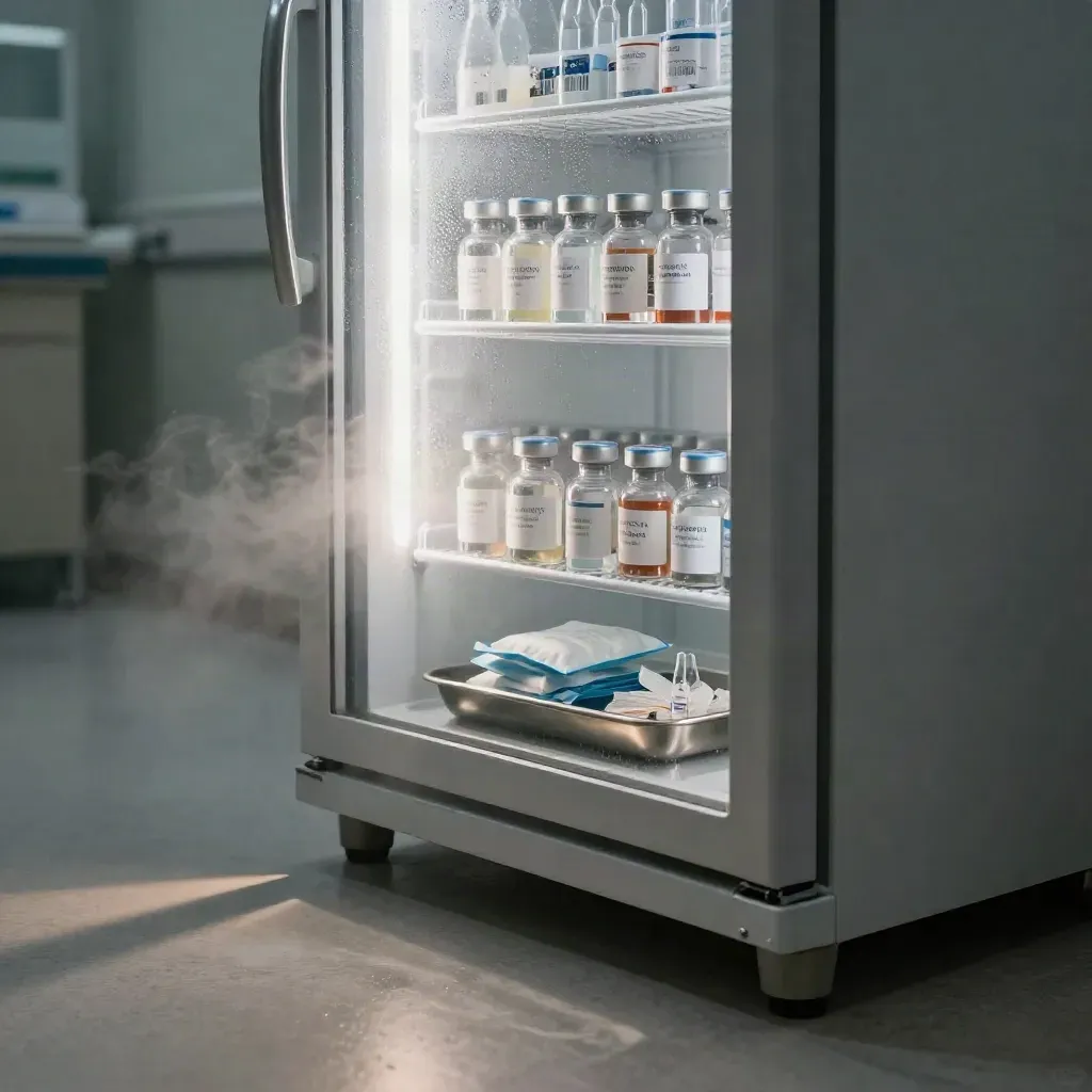 Clinic vaccine fridge glowing at pre-dawn with vials, cold packs and a stainless tray.