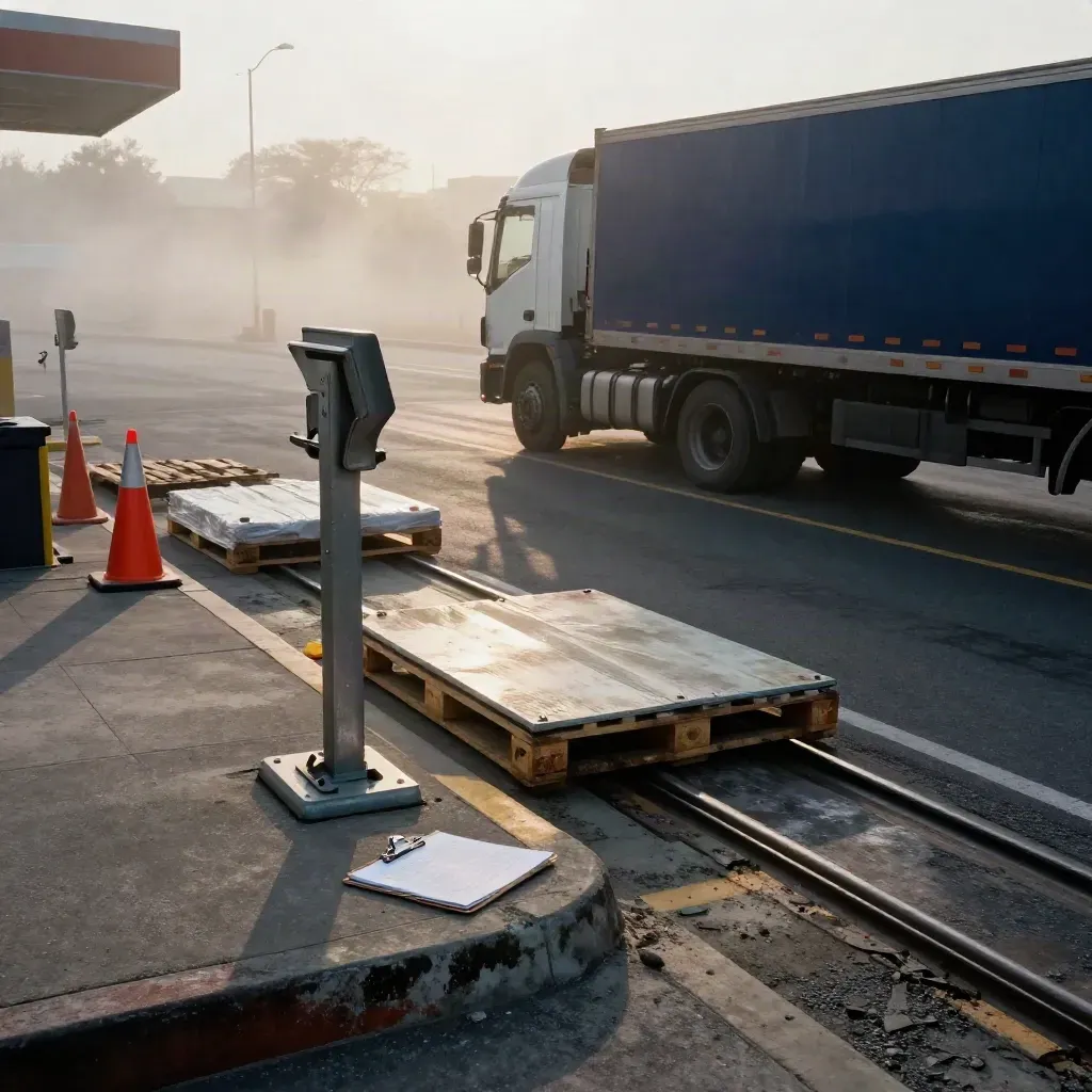 Foggy freight dock scale, pallets, cones, and a face-down clipboard as a truck backs in.