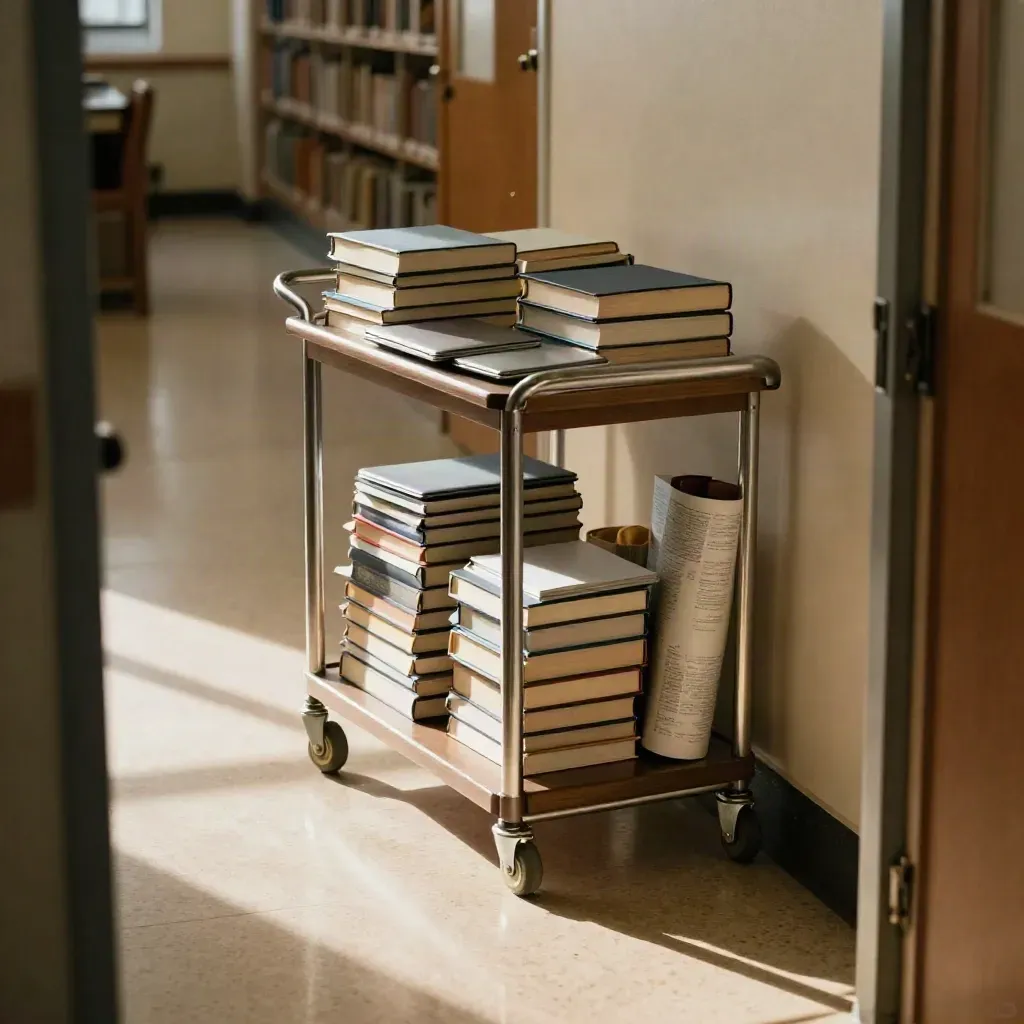 School library media cart with books, tabs, laptops, and rolled posters in a bright hallway