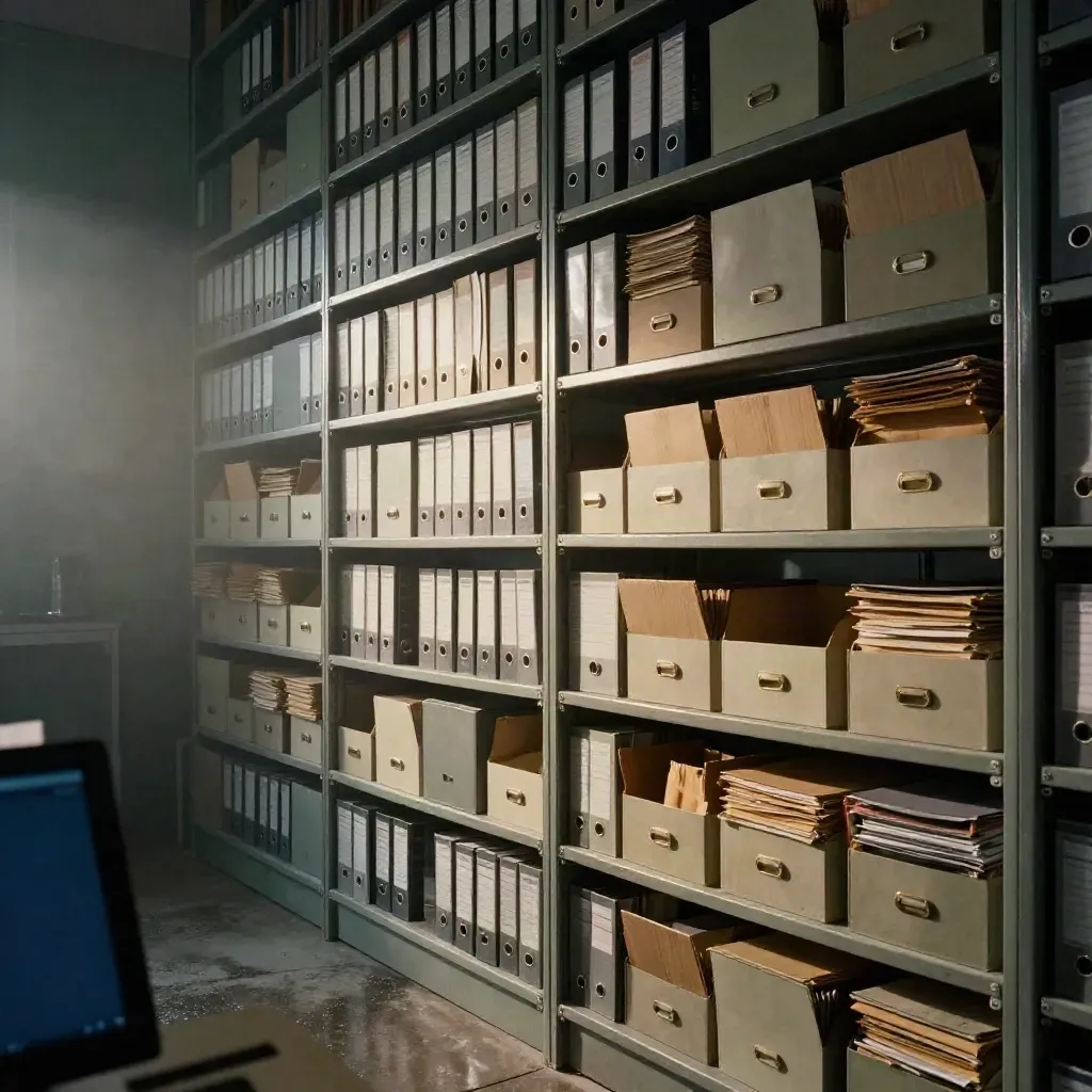 Rain-cool archive wall of binders, file boxes, and a faint monitor glow in moody side light.