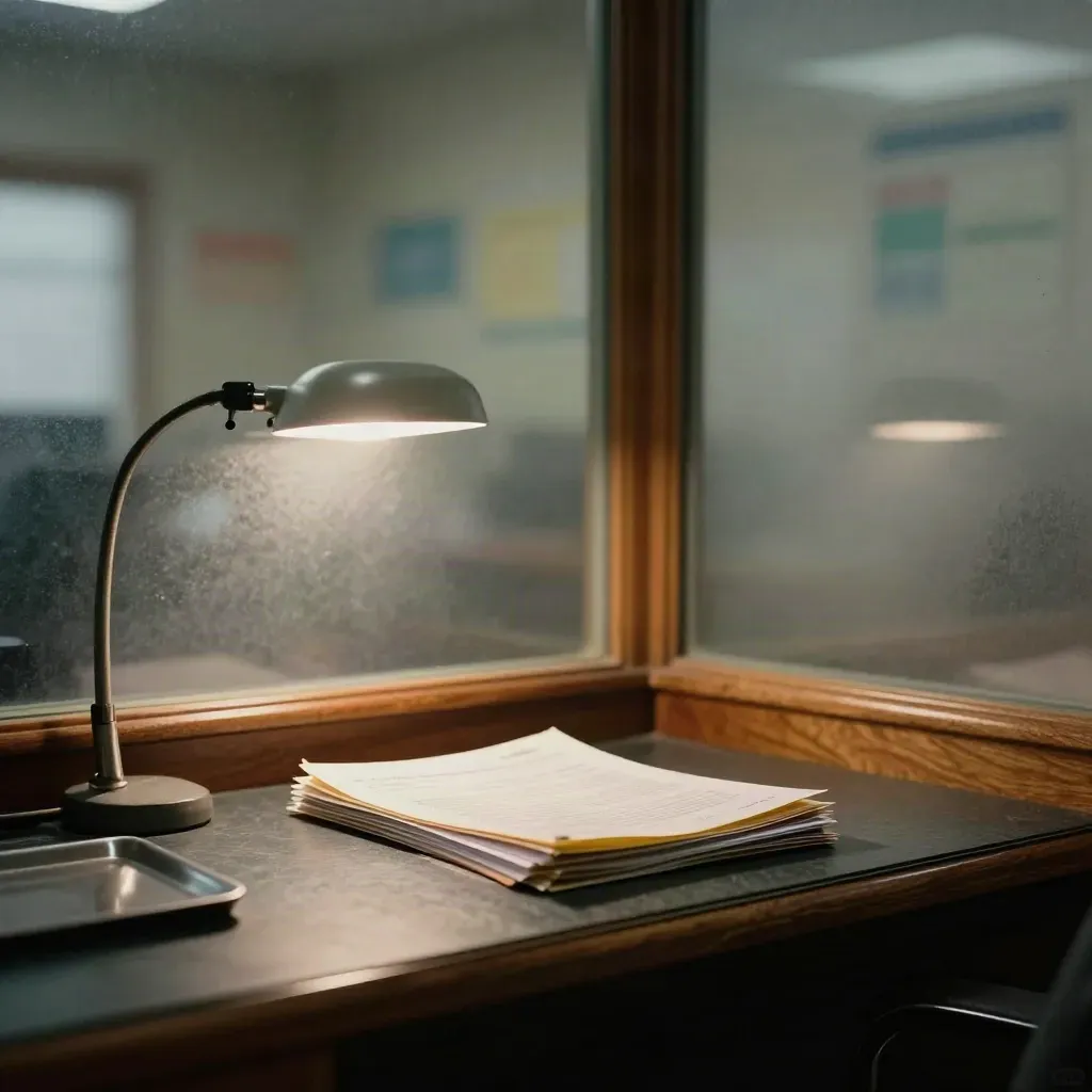Newsroom desk with a face-down packet, coffee ring, and blurred poll colours in glass