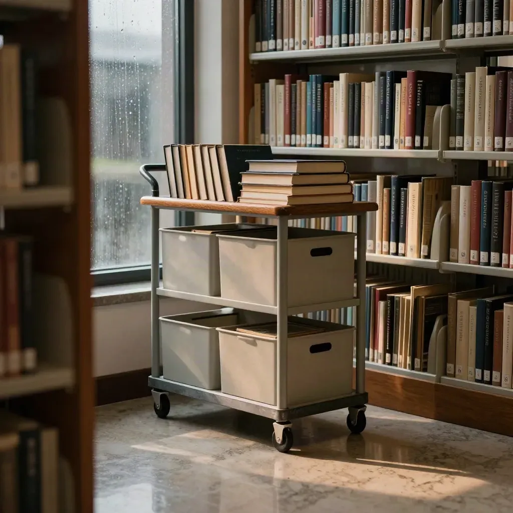 Rainy library cart with books and storage bins beside hazy stacks at dusk