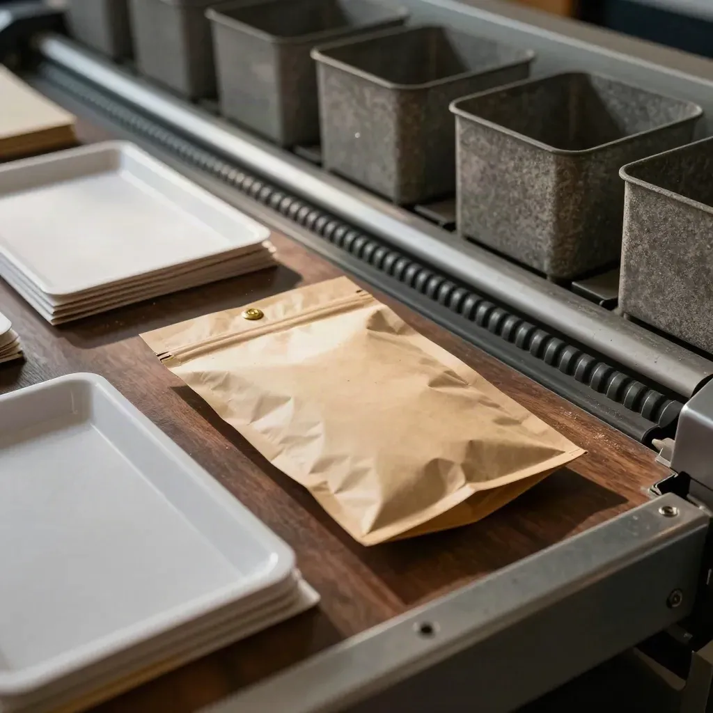 Macro of ballot trays, mail tubs, and a sealed pouch moving along a sorting line at dawn