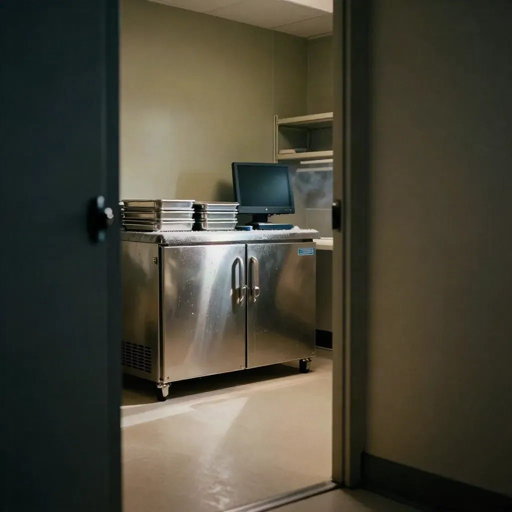 After-hours clinic supply room with vaccine cooler, sealed trays and monitor glow in cold air.