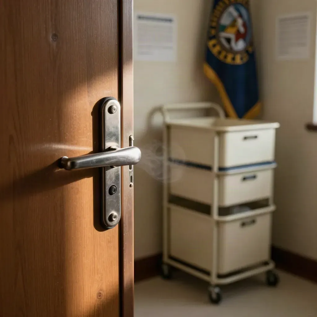 Close threshold view of a sealed ballot room door, metal carts, mail bins, and a blurred county flag at dawn.