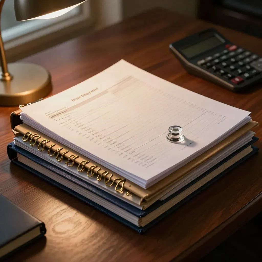 Budget binders, off calculator and paper clips under warm desk-lamp light
