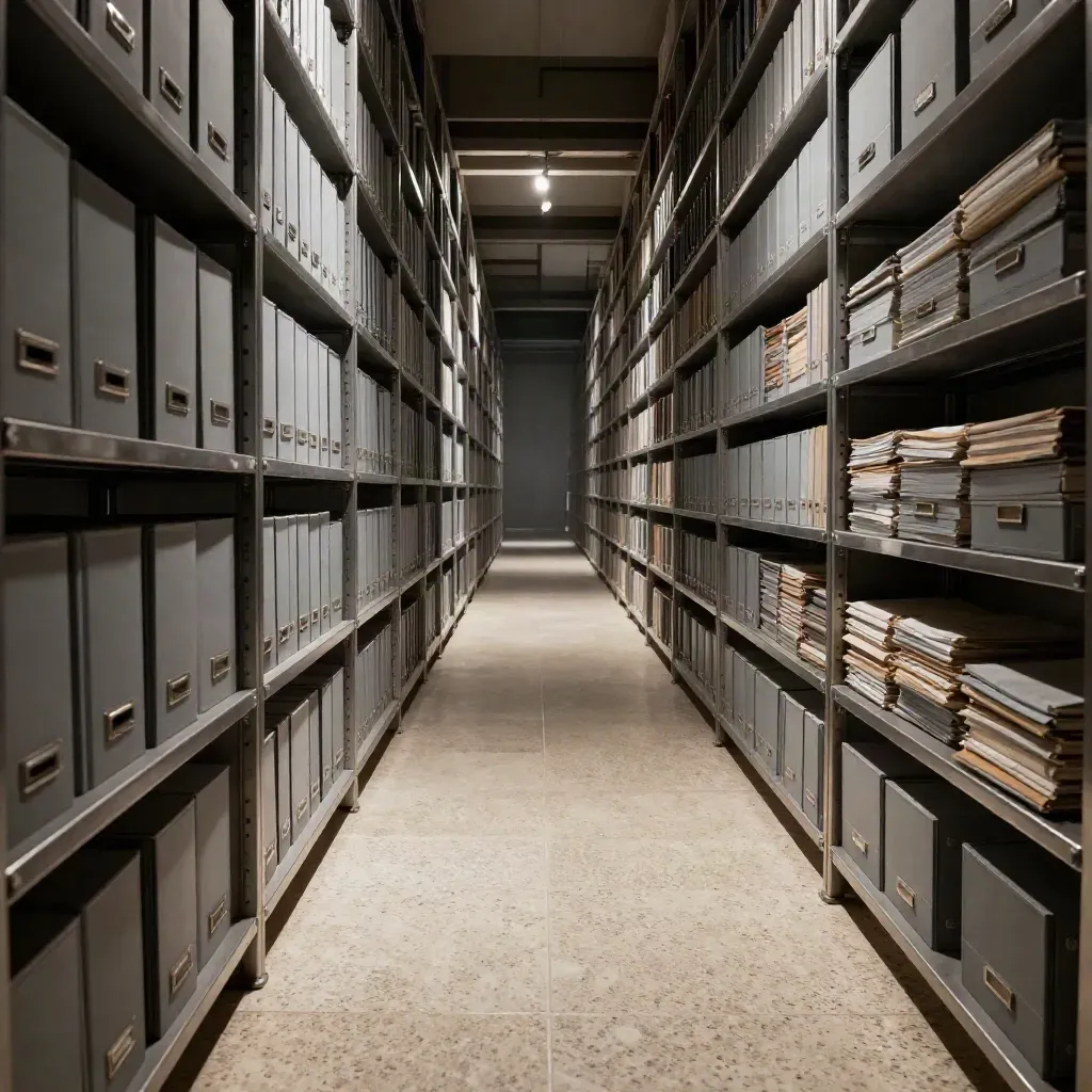 Low corridor of archival shelves and closed source boxes fading into haze.