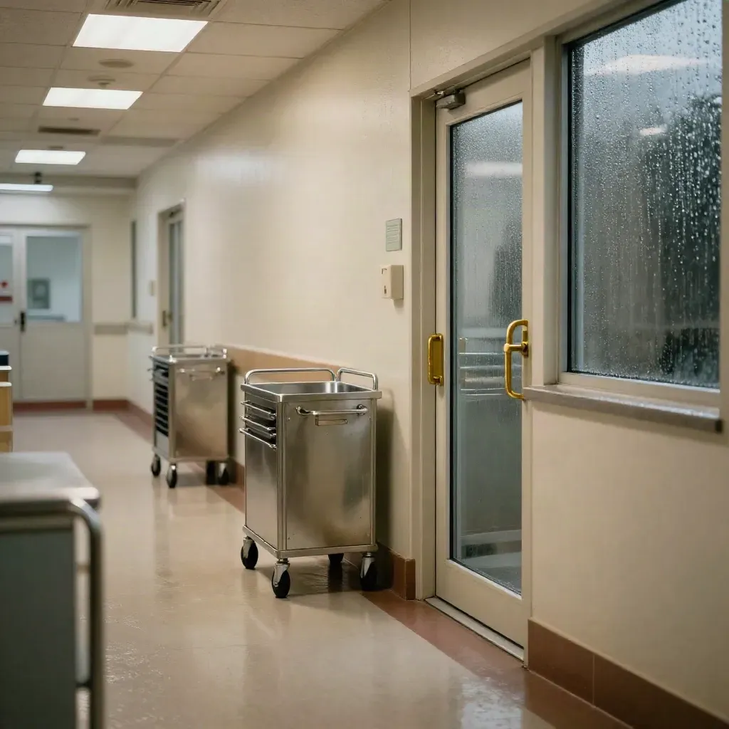 Rainy clinic corridor with a supply trolley at cold storage, reflected lights, and a glass door.