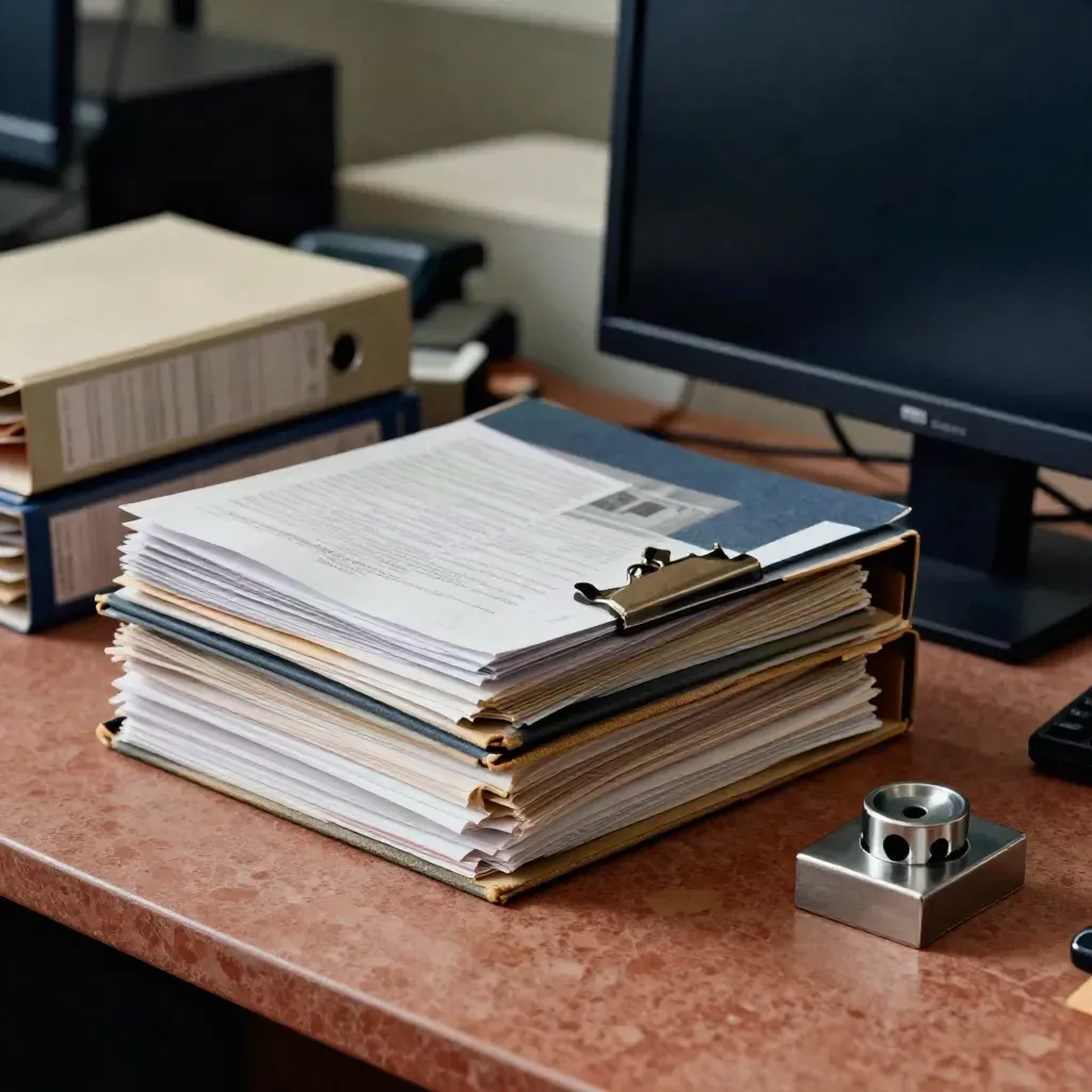 Newsroom data desk with binders, paperweights, and a turned monitor in soft daylight.