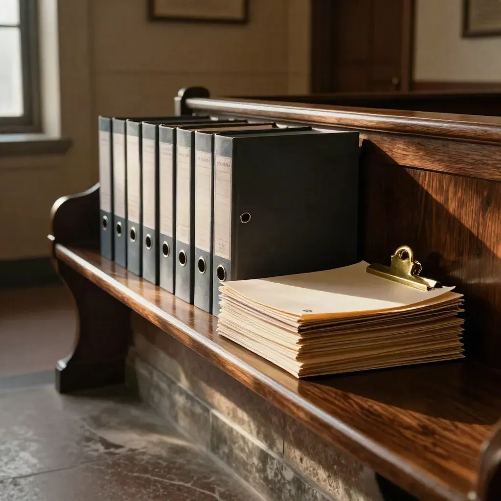 Courthouse bench with case binders, folders, and brass clip in warm late-afternoon hallway light.