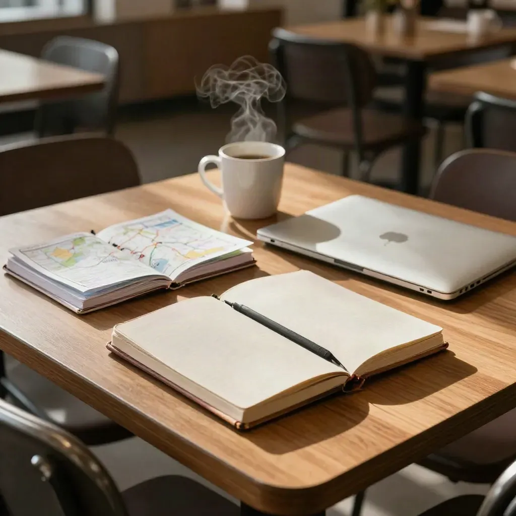 Face-down notebooks, folded campus map, and closed laptop on a warm student center table.