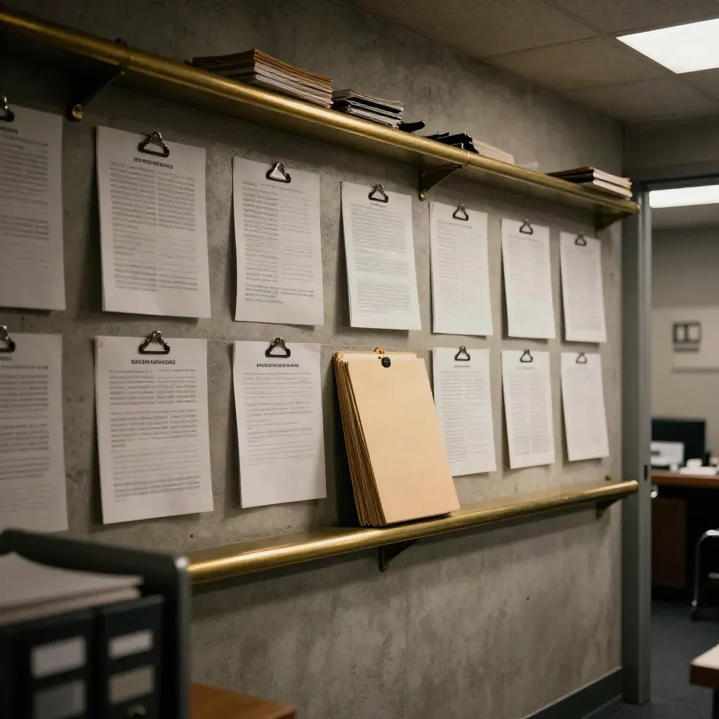 Late-night newsroom wall with clipped sheets, folders, and a diagonal shadow in haze.