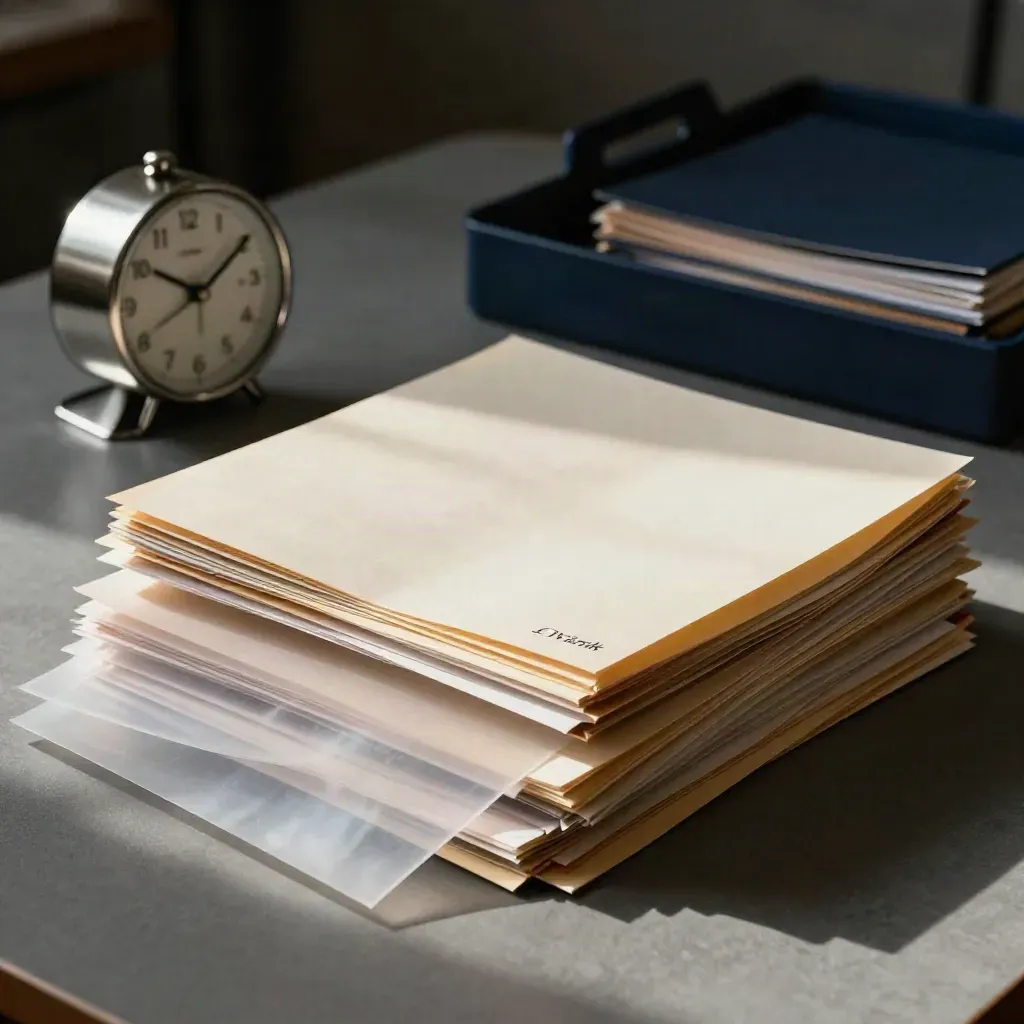 Fact-check folders and source packets land on a slate table beside a turned-away clock.