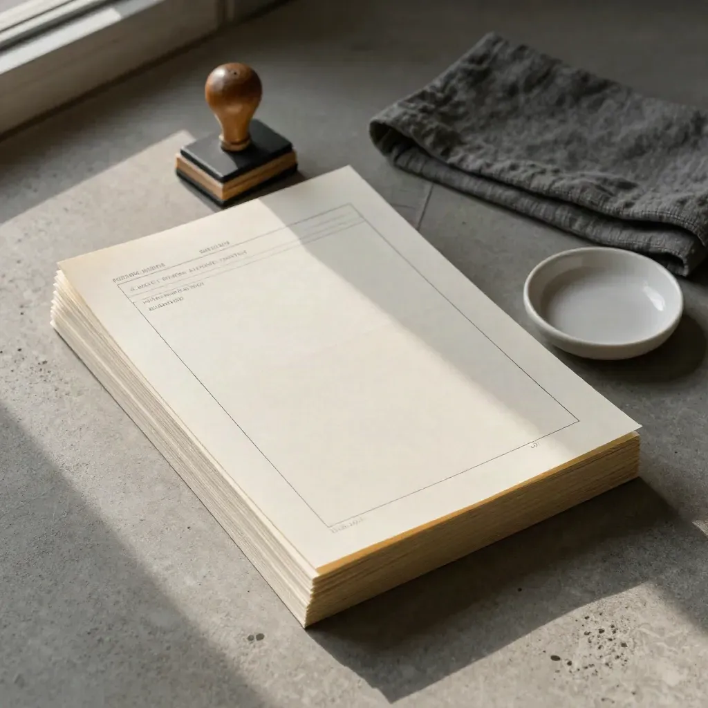 Top-down claim-check flatlay with source slips, stamp pad, ceramic dish and folded linen.