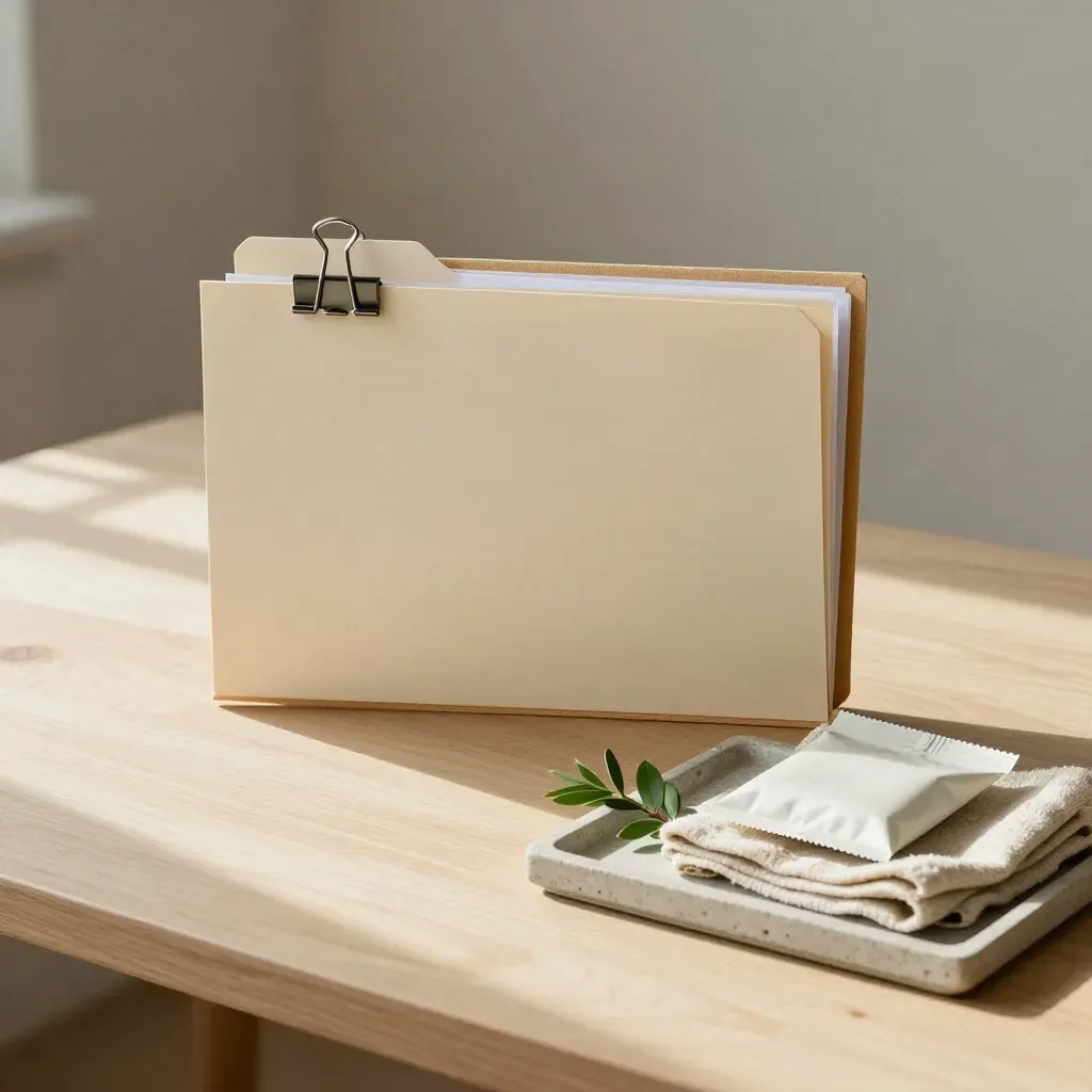 Archival folder, binder clips and stone tray with greenery on pale wood in soft daylight.