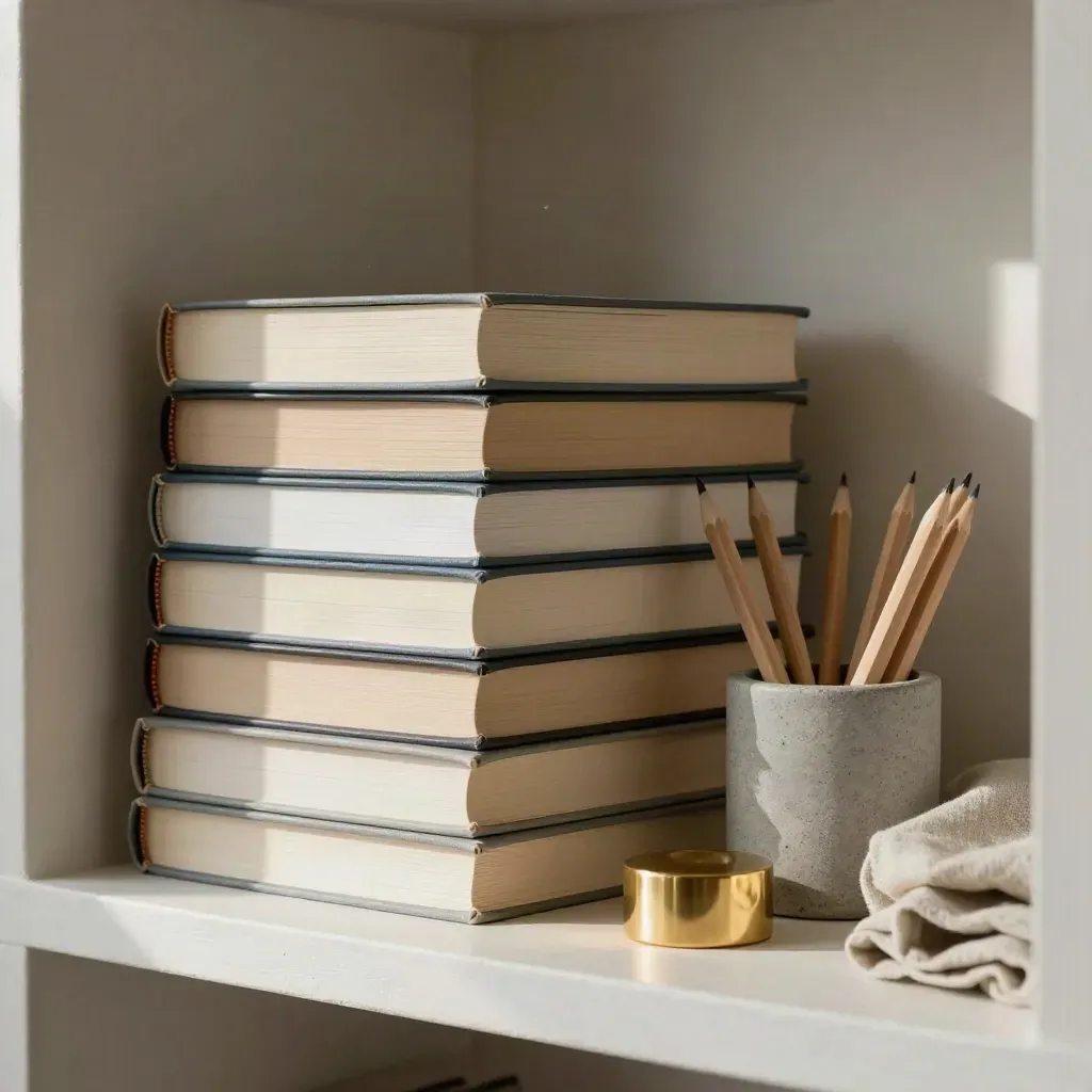 Textbooks, pencil cup, and folded cloth on a pale shelf in soft window light