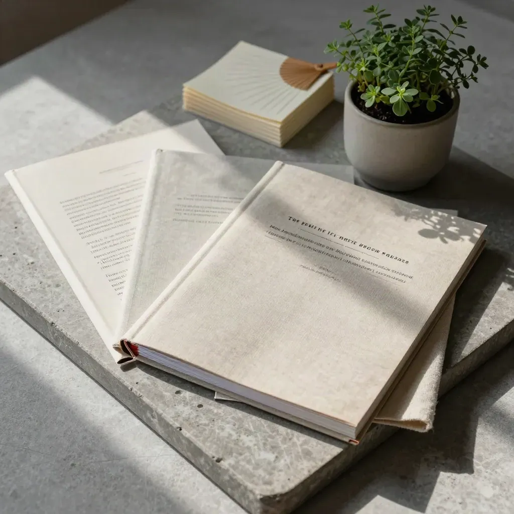 Stone tray with research reports, note cards, cloth, and a small potted plant.
